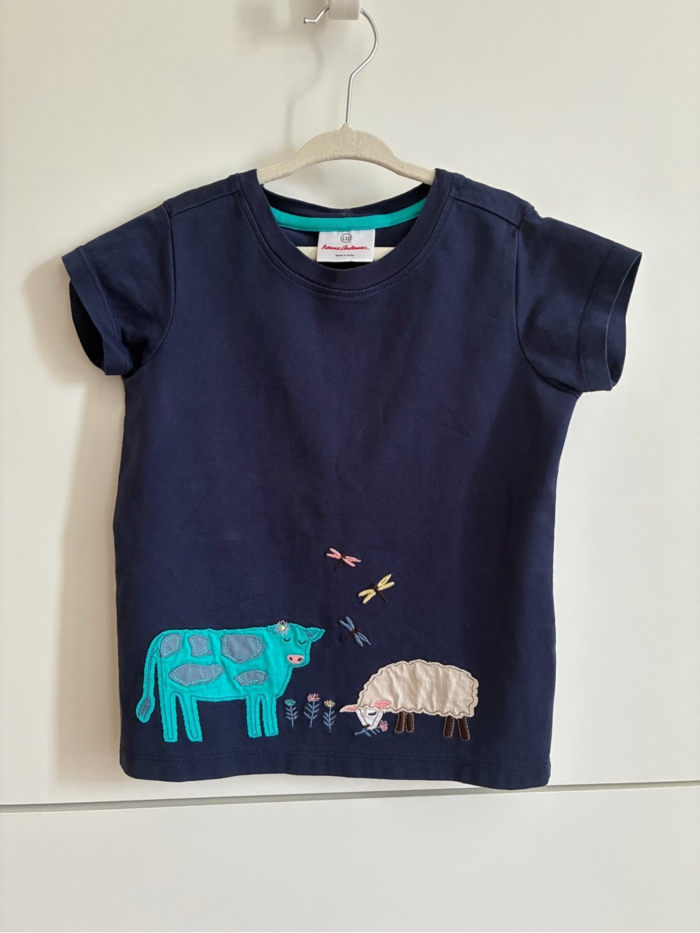 Hanna Andersson Navy Tee with Turquoise Cow & Cream Sheep Appliqué